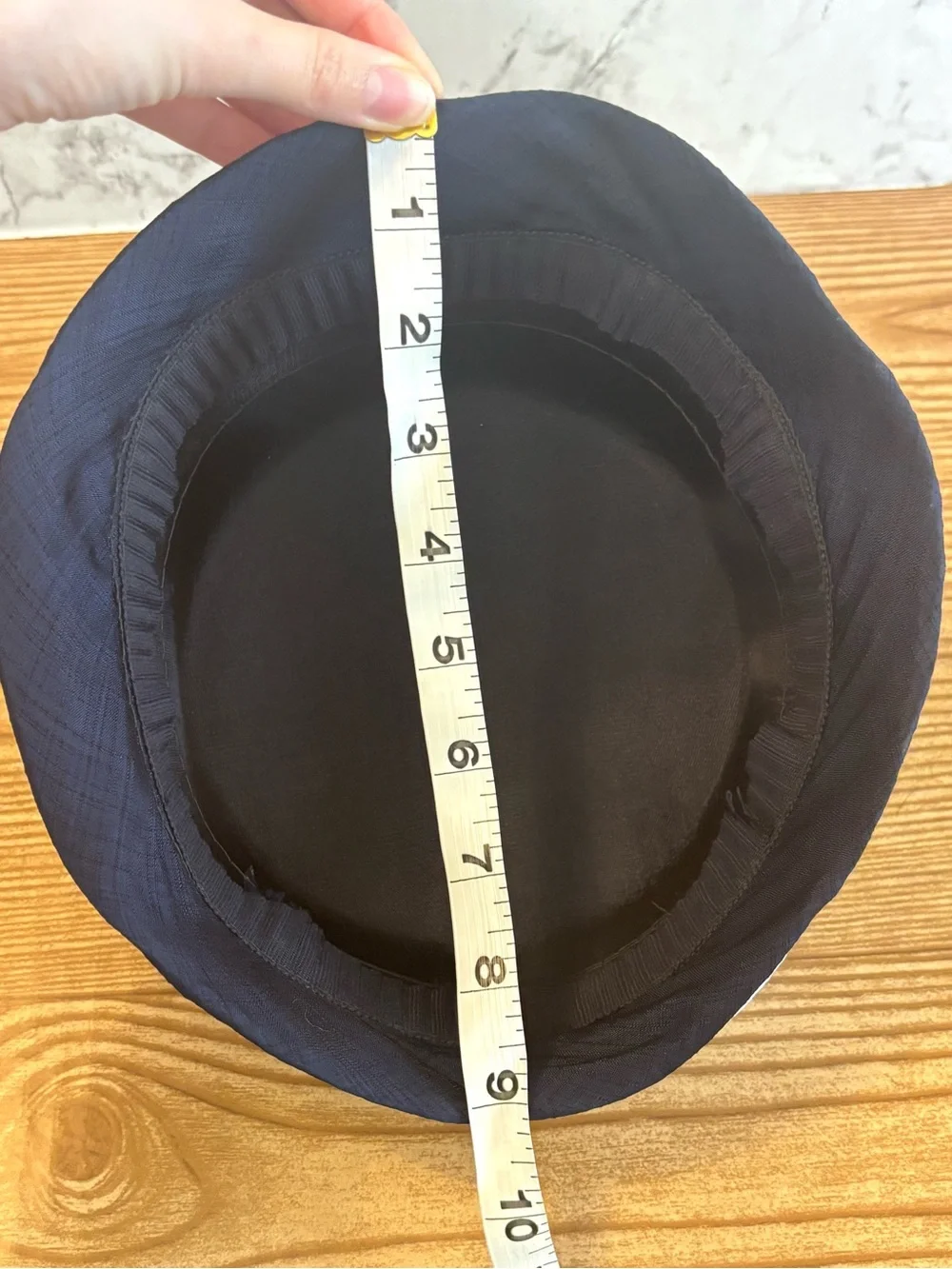 Vintage 60s Navy Blue Fabric Cloche Bucket Hat Off White Ribbon Bow Accent - Picture 8 of 10